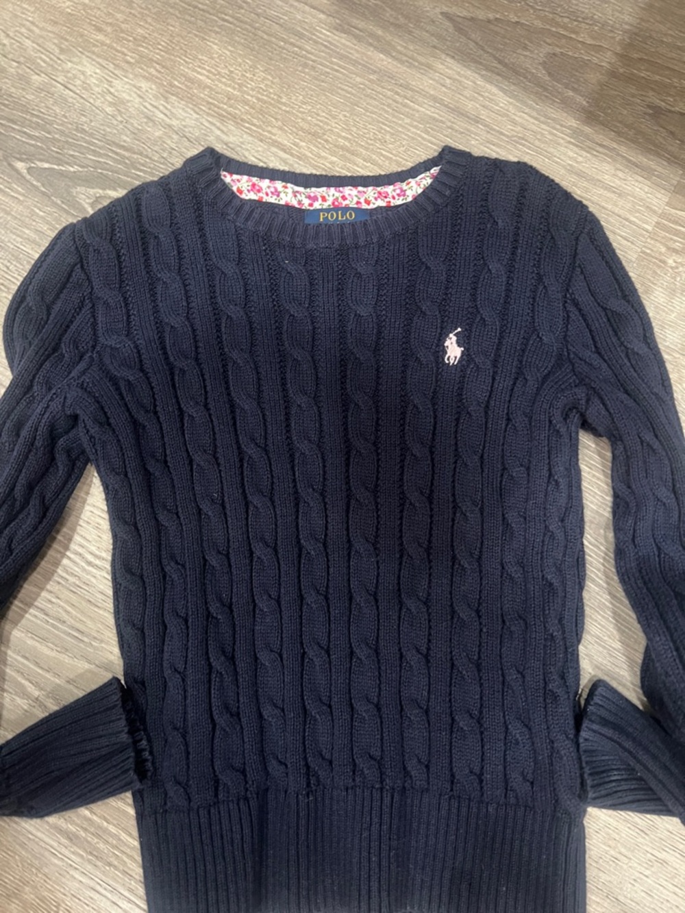 Polo by Ralph Lauren Navy Cable-Knit Crewneck Sweater with Pink Pony